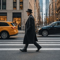 A man in a long coat crossing a busy city street past a taxi, a sample photo for panning blur.