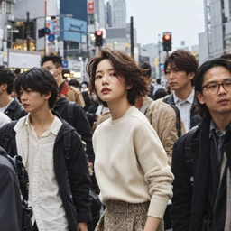 A woman in a cream sweater standing still in a busy street crossing, a sample photo for crowd ghosting.