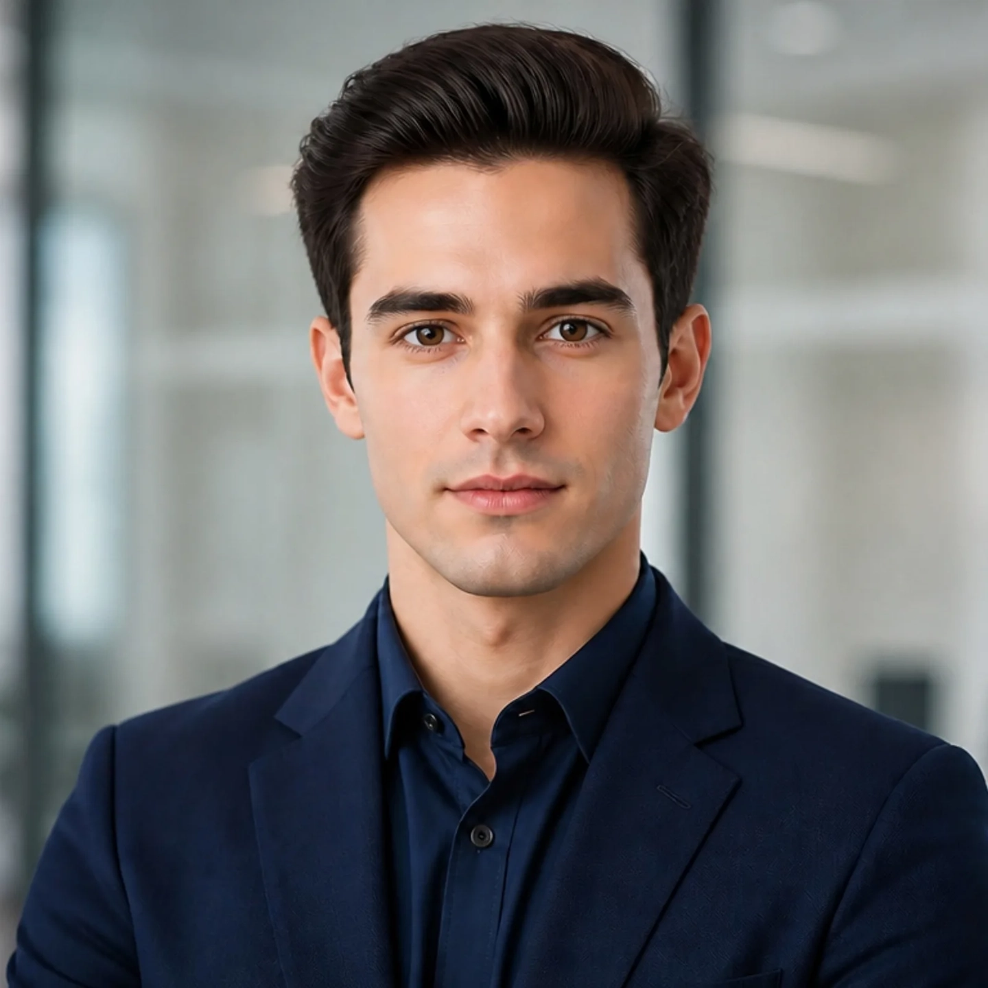 The same man in a navy blazer with real skin texture and sharper eyes, an AI headshot that holds up at work