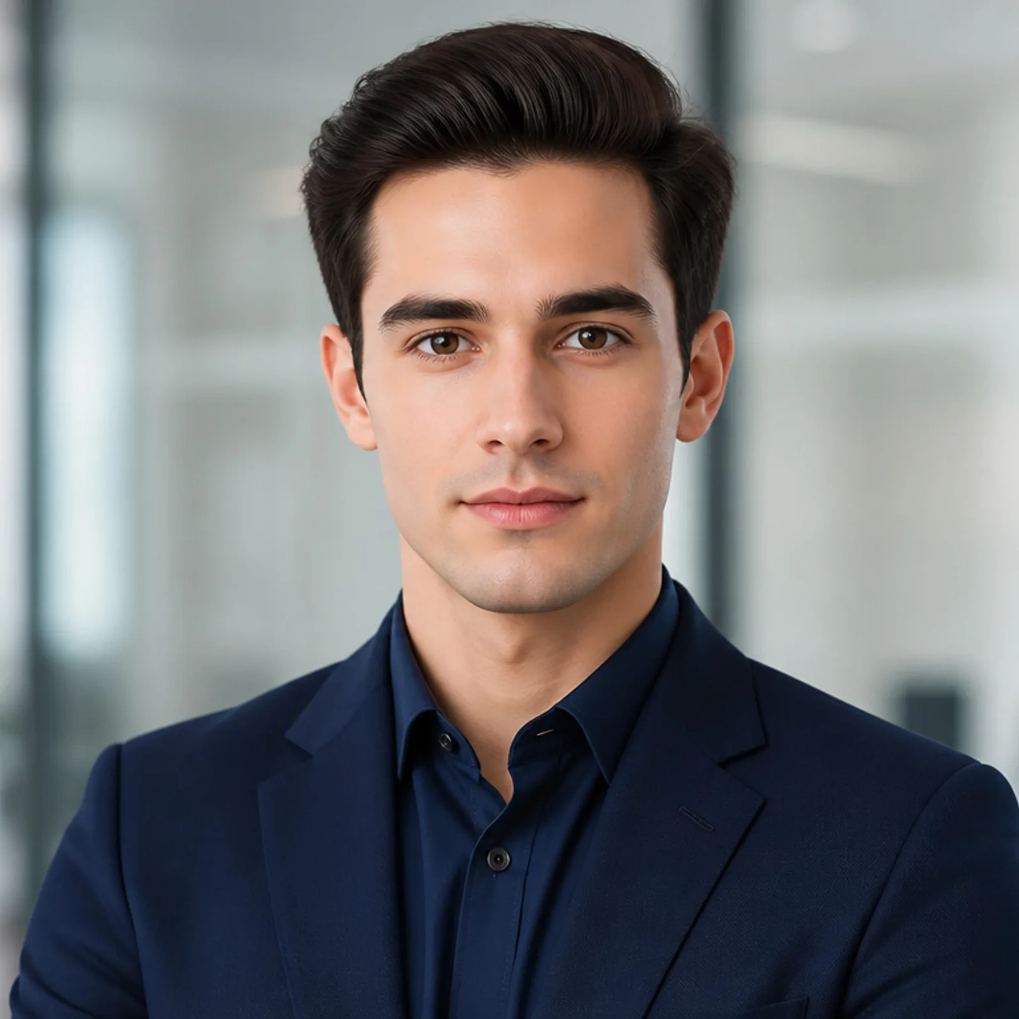 AI corporate headshot of a man in a navy blazer with airbrushed skin, before the AI realism enhancer