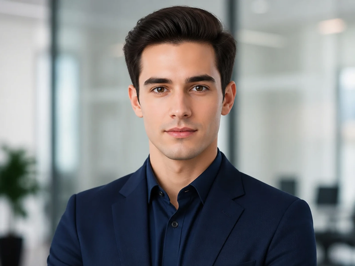 Man in a navy blazer in an office with smoothed AI skin, before the fix Man in a navy blazer in an office with smoothed AI skin, before the fix