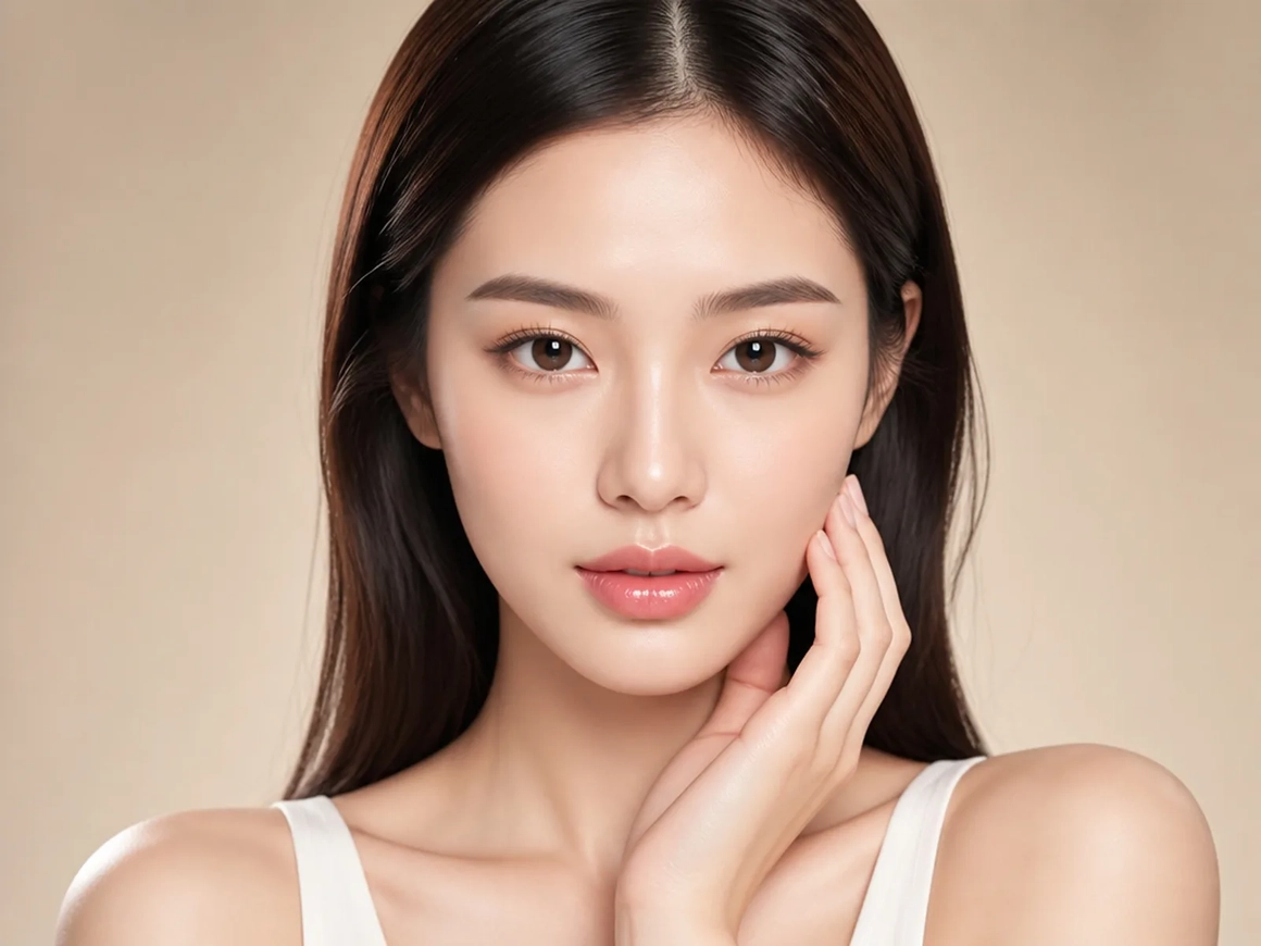 Close crop of a woman’s face with plastic, poreless AI skin, before the fix Close crop of a woman’s face with plastic, poreless AI skin, before the fix