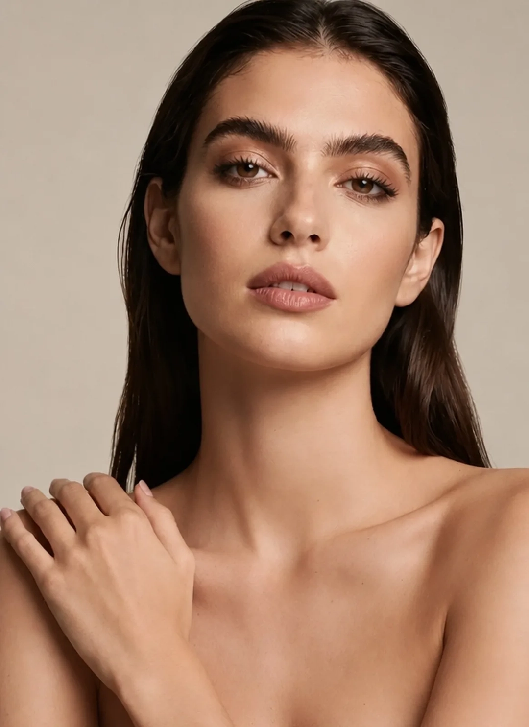 The same photo with no jewelry, earlobes and neckline natural