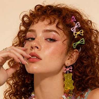 Woman with pastel hair clips and a drop earring, before removing the hair accessories