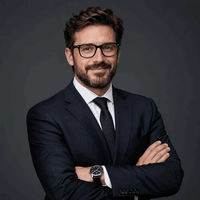 Sample headshot of a bearded man in a navy suit and thick black glasses, try removing glasses for LinkedIn