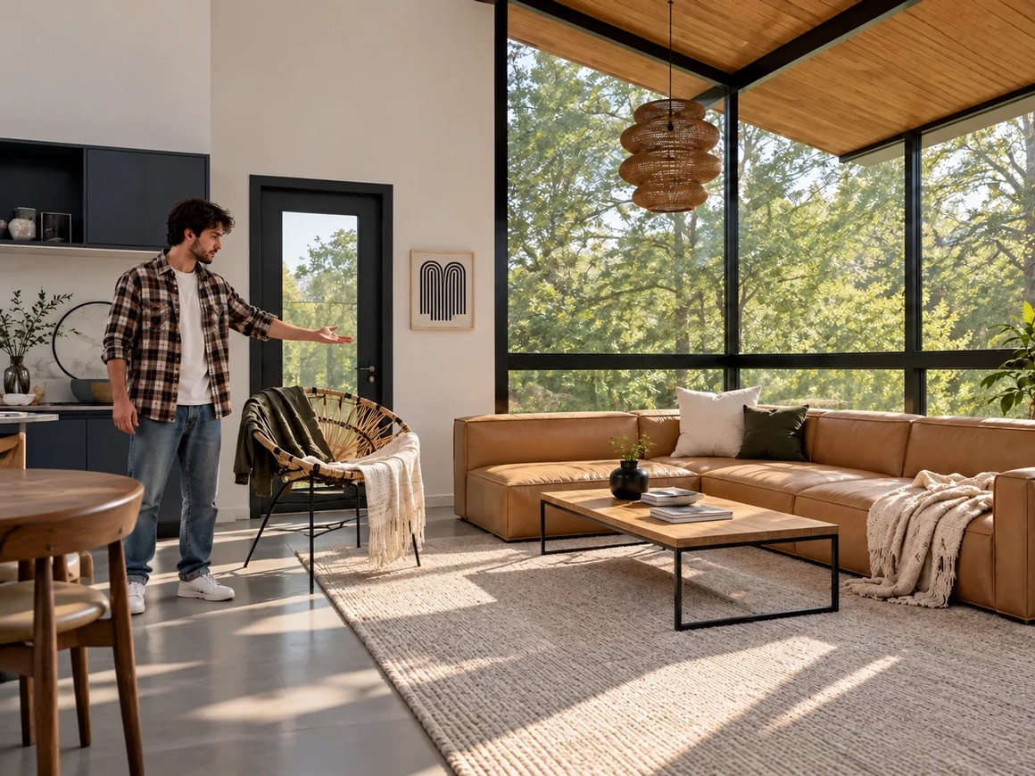 Man standing in a sunlit open-plan living room with a leather sofa, before removing the person from the photo Man standing in a sunlit open-plan living room with a leather sofa, before removing the person from the photo