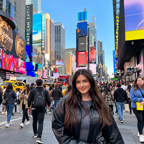 Woman in a black leather jacket in Times Square with pedestrians walking past, before removing people from the photo