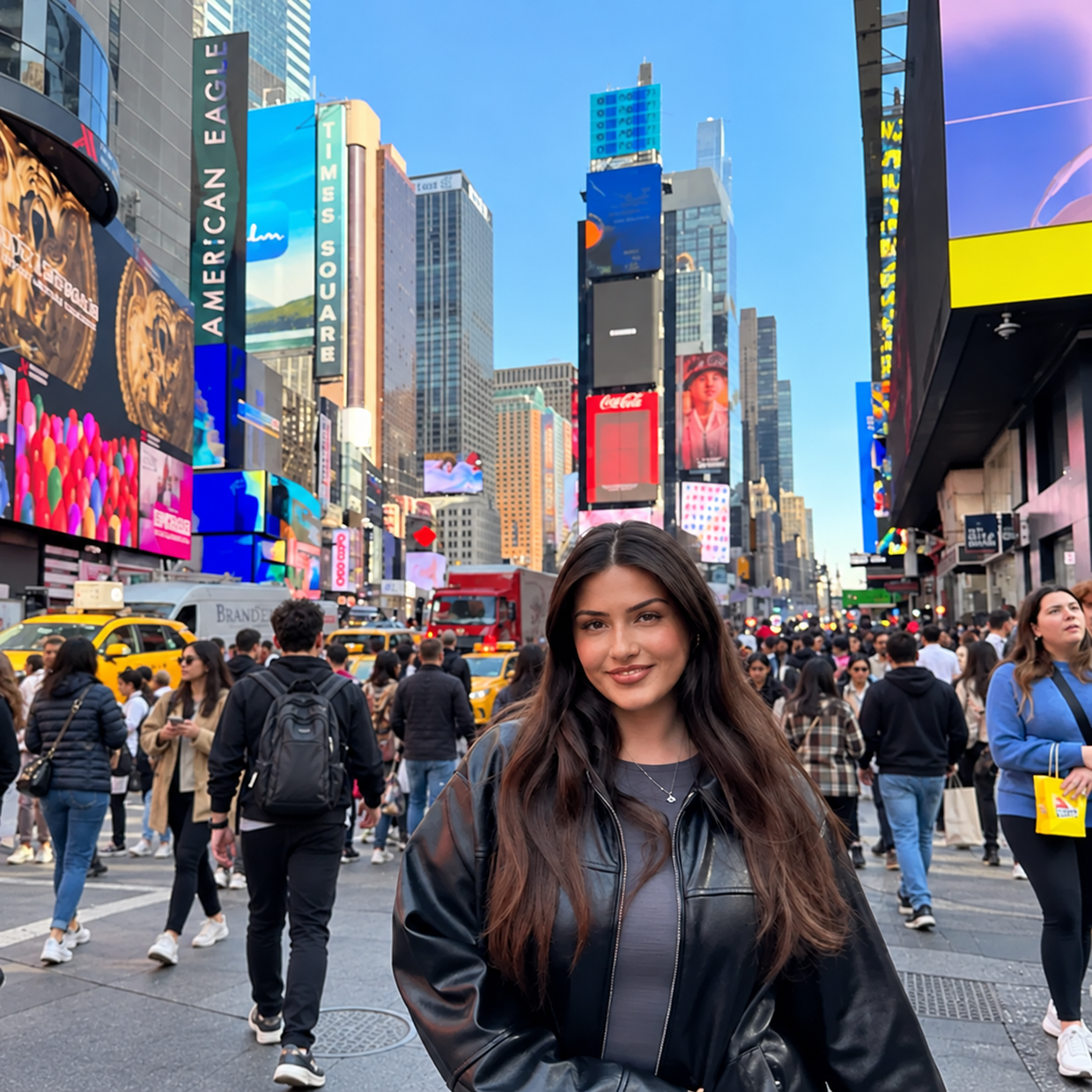 Woman in a black leather jacket in Times Square with pedestrians walking past, before removing people from the photo Woman in a black leather jacket in Times Square with pedestrians walking past, before removing people from the photo