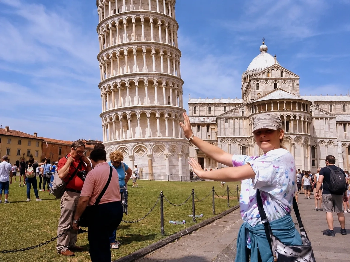 Girl posing to hold up the Leaning Tower of Pisa with tourists behind her, before removing people from the photo Girl posing to hold up the Leaning Tower of Pisa with tourists behind her, before removing people from the photo