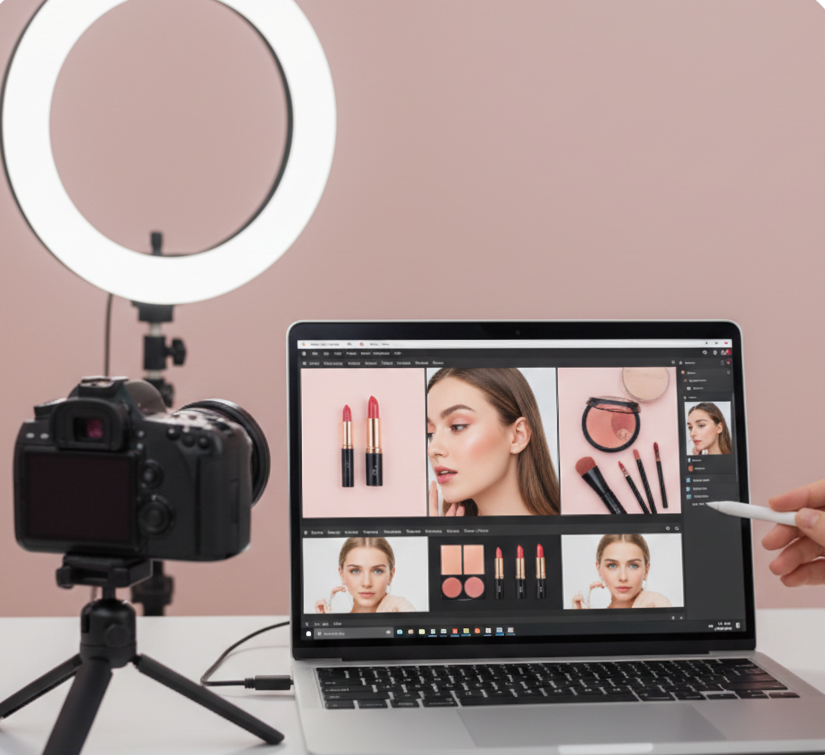 A full face makeup look with foundation, blush and lip color created in the AI makeup studio.