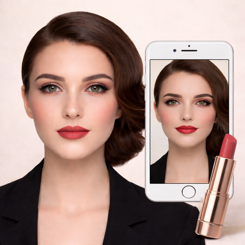 A woman with bold red lipstick applied using the AI makeup try-on tool, trying a vibrant lip shade.