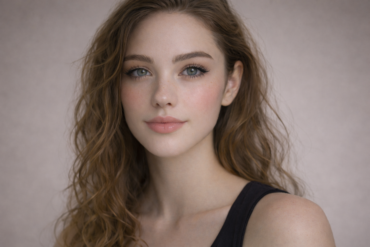 A woman with long brown hair in a black top on a plain white background, shown before AI virtual makeup is applied.