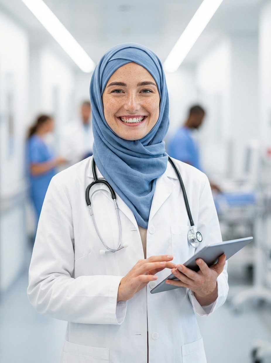 Hijab + Medical professional headshot, generated from selfie