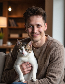 A man smiles warmly on a couch, holding a cat, surrounded by bookshelves and a plant. A man smiles warmly on a couch, holding a cat, surrounded by bookshelves and a plant.