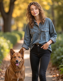 A woman walks her dog through a lush forest, surrounded by trees and plants. A woman walks her dog through a lush forest, surrounded by trees and plants.