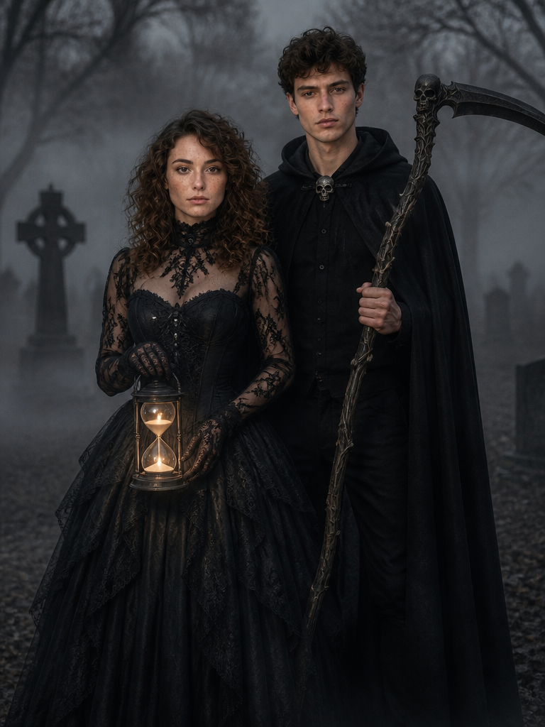 GoStudio.ai / Grim Reaper Pair Example / AI Image Prompt / GoStudio.ai Grim Reaper Pair — AI prompt example