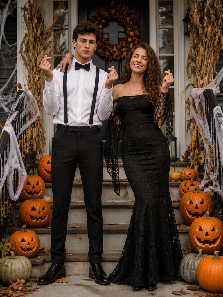 Couple on a pumpkin-lined Halloween porch, generated by GoStudio.ai from their two photos Couple on a pumpkin-lined Halloween porch, generated by GoStudio.ai from their two photos