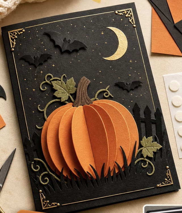 Papercraft Pumpkin | Halloween Greeting Card Idea | GoStudio.ai Example layered paper pumpkin Halloween greeting card with bats and a gold moon