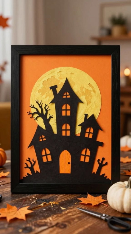 Papercut Haunted House | Halloween Greeting Card Idea | GoStudio.ai Example papercut haunted house Halloween greeting card in a black frame on an autumn table