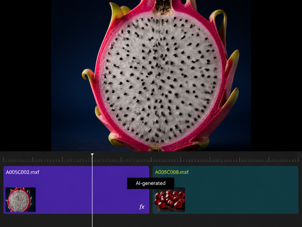 A video editing timeline with a source clip followed by a second clip labelled AI-generated, the extension sitting on the timeline beside the footage it continues