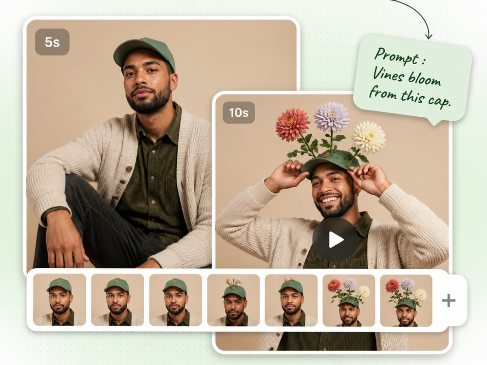 A 5-second clip of a man extended to 10 seconds with the prompt "Vines bloom from this cap", the flowers appearing only in the AI-generated frames of the filmstrip