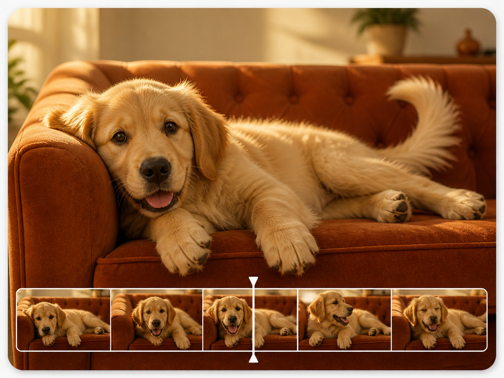 A puppy resting on a sofa with a filmstrip below it, the frames before the playhead from the original clip and the frames after it generated by AI to continue the shot