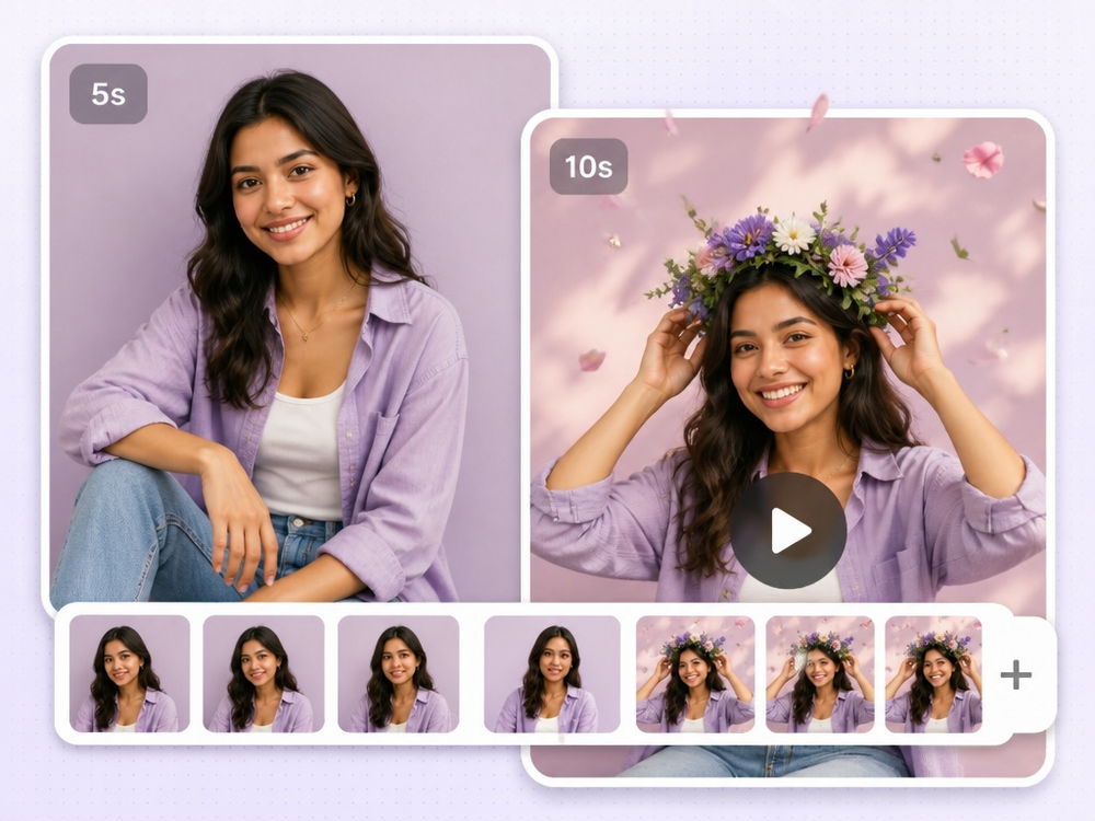 A 5-second clip of a woman and the same shot extended to 10 seconds, with a filmstrip below showing the original frames followed by the AI-generated ones