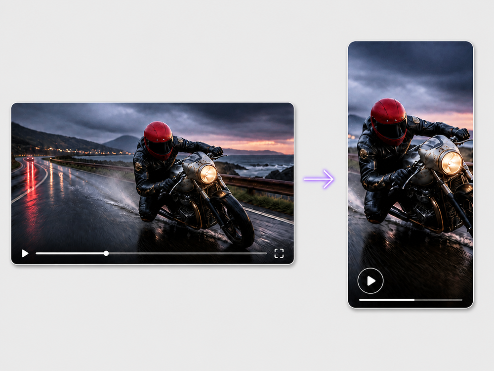 A 16:9 video of a motorcyclist beside the same shot reframed to a 9:16 vertical clip, the frame rebuilt rather than cropped