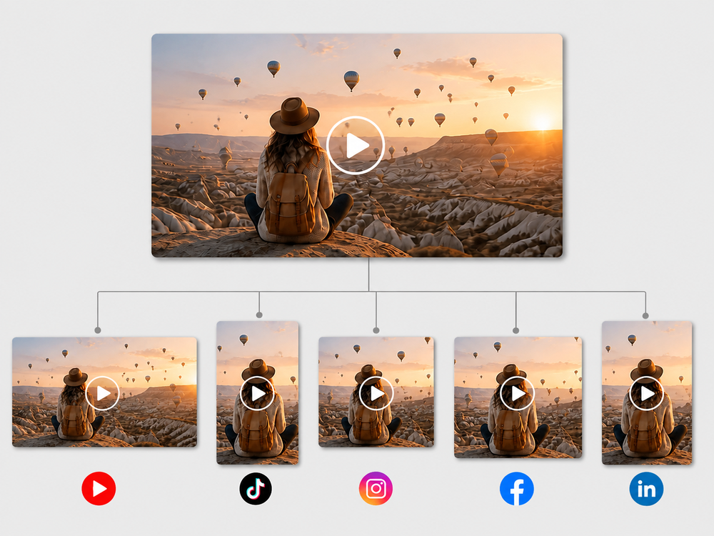 One landscape video resized into five differently shaped cuts for YouTube, TikTok, Instagram, Facebook and LinkedIn
