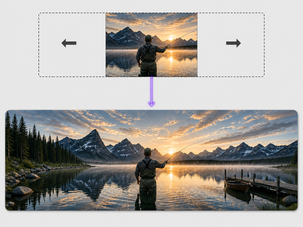 A narrow video clip expanded outward to a much wider frame, the lake scene continued on both sides by AI instead of padded with black bars