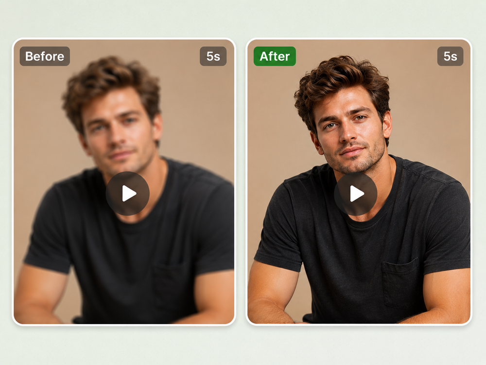 A talking-head portrait video shown before and after upscaling — the soft source on the left, the same frame rebuilt sharp by the AI video upscaler on the right