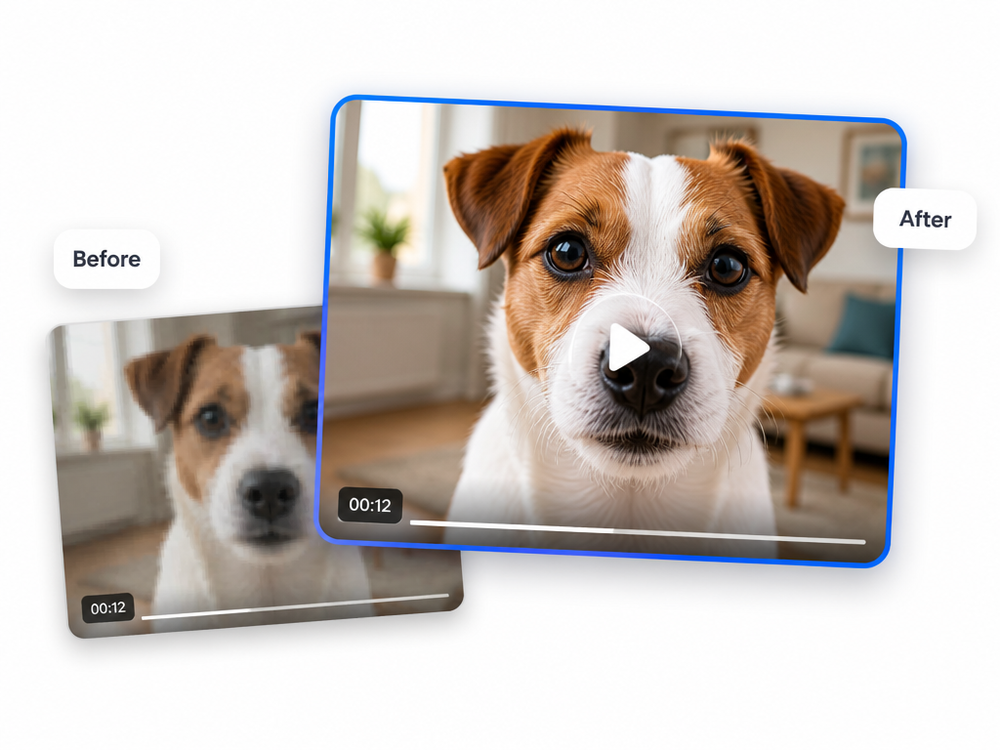 A blurry pet video before and after being upscaled with the AI video upscaler