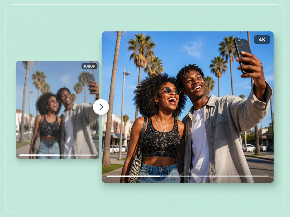 A soft 1080p selfie video upscaled to a sharp 4K frame by the AI video upscaler