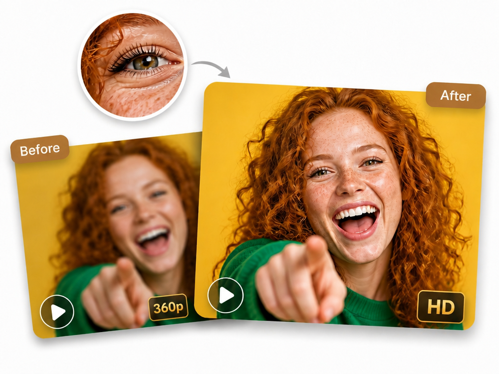 A 360p video of a laughing woman upscaled to HD by the AI video upscaler, with the eye magnified to show the rebuilt detail